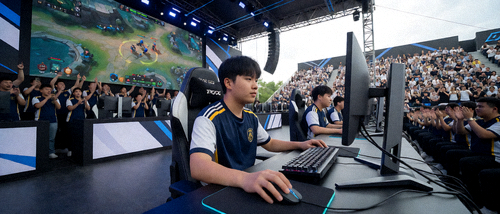 电竞赛事舞台现场，选手专注操作，大屏幕显示比赛画面，观众热情欢呼