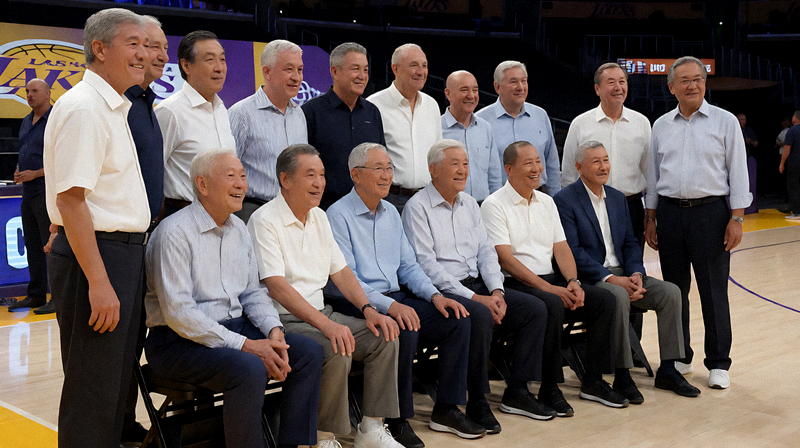 洛杉矶湖人队名宿在球馆内参加回忆活动的合影